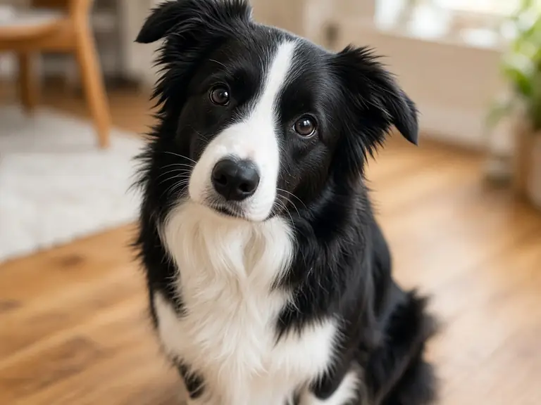 A black and white border collie sitting on a wood floor, tilting its head and looking curious