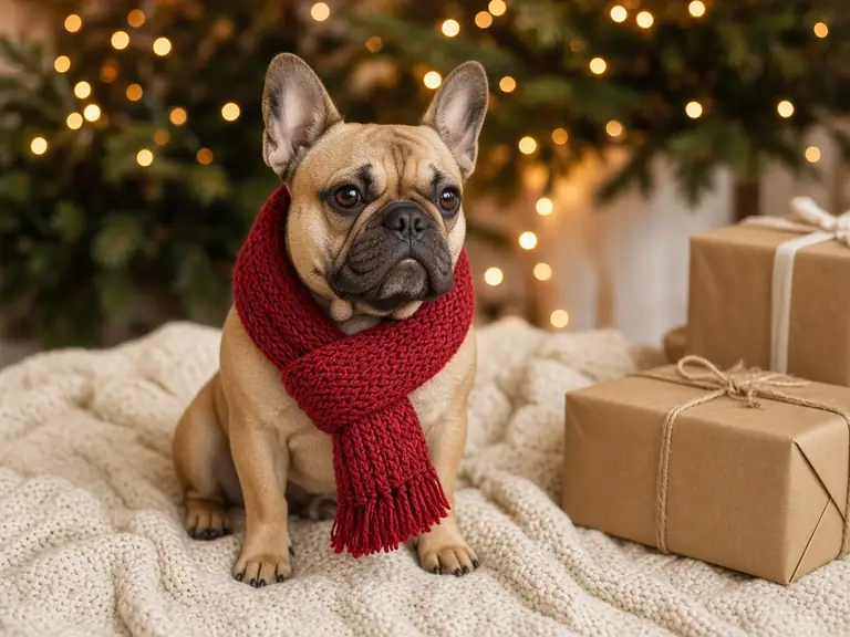 A French bulldog in a red knit scarf sitting next to wrapped Christmas presents